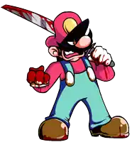 a cartoon of mario holding a bloody knife in his right hand