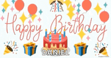 a happy birthday greeting card with a birthday cake , balloons , presents and confetti .