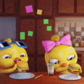 two cartoon chickens are eating hamburgers and drinking bubble tea