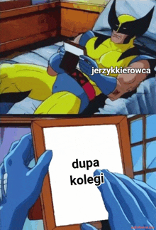 a cartoon of wolverine reading a book and holding a picture frame with the words dupa kolegi written on it