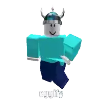 a roblox character wearing a blue shirt and a horned helmet says eggfly