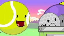 a cartoon drawing of a tennis ball and golf balls with faces