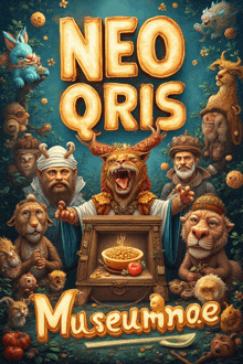 a poster for neo oris museumnae shows a lion holding a box of food