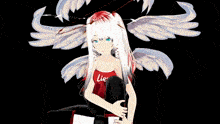 a close up of a girl with white hair and red hair
