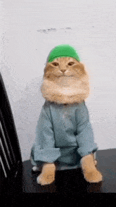 a cat wearing a green hat and sweater is sitting on a table .