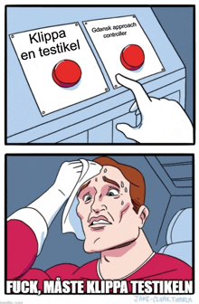 a cartoon of a person pressing a button that says klippa en testikkel