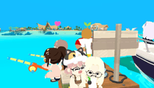 a group of cartoon characters sitting on a dock in the water