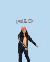 a man wearing a pink hat and a blue jacket says pull up on a blue background