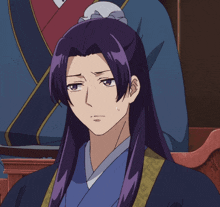 a man with long purple hair is wearing a kimono and has a sad look on his face