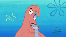 patrick star from spongebob squarepants is making a funny face with his mouth open and water coming out of his mouth .
