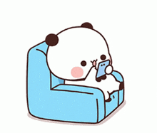 a cartoon panda bear is sitting in a chair looking at a cell phone .
