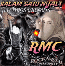 a poster for rmc rock metal community shows a skeleton and a woman