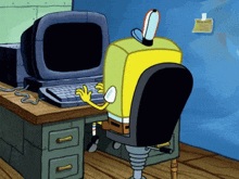 a cartoon of spongebob using a computer with a note on the wall that says " work "