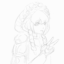a black and white drawing of a girl with braids and a peace sign
