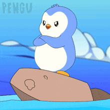 a penguin is standing on a rock in the water with the word pengu behind him