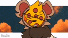 a cartoon drawing of a mouse wearing a cheese mask and glasses .
