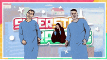 a cartoon drawing of a man and a woman standing in front of a sign that says ' everett ' on it