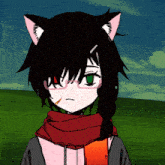 a girl with cat ears and glasses is wearing a red scarf