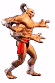 a statue of a man with a red sash around his waist is dancing .