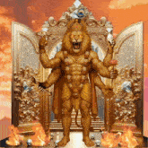a statue of a lion with many arms standing in front of a gold door