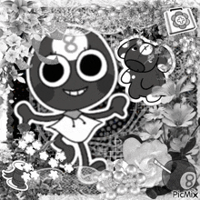 a black and white picture of a cartoon character with the number 8 on it