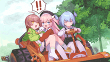 a group of anime girls are sitting in a vehicle with a sticker on it that says ' a ' on it