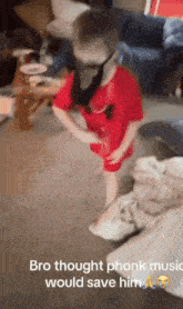 a little boy wearing a mask is standing in a living room with the words bro thought phonk music would save him