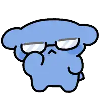 a blue cartoon character wearing glasses and covering his eyes