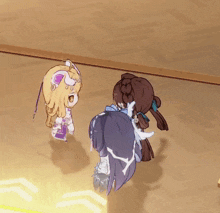 two anime characters are standing next to each other with one having a smiley face on her head