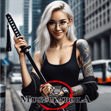 a woman is holding a sword in front of a sign that says museum bola