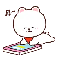 a cartoon drawing of a white bear using a pink cell phone
