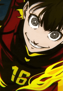 a close up of a cartoon character with the number 16 on his shirt