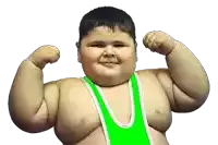 a very fat boy in a green tank top flexes his muscles