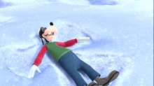 a cartoon character laying in the snow with his arms outstretched