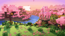 a minecraft landscape with pink flowers and trees