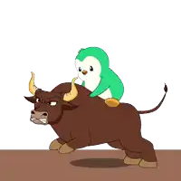 a green penguin is riding on the back of a brown bull
