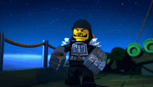 a lego character is holding a flaming sword