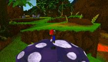 a cartoon scene with a man in a blue hat standing in the middle of a lush green field
