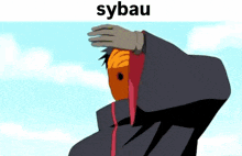 a cartoon character with a mask on his face is covering his face with his hand .