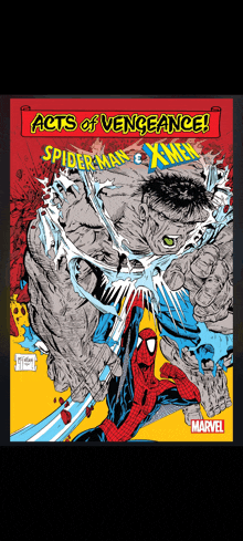 a comic book titled acts of vengeance features spider-man and the hulk