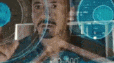 a man with a beard is looking at a screen with a circle on it .