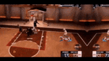 a basketball game is being played in a stadium with a scoreboard showing the time as 13:37