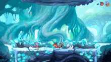 a video game scene with trees and mushrooms in the background