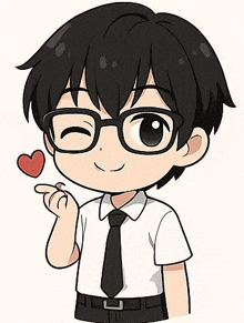 a cartoon of a boy wearing glasses and a tie holding a heart .