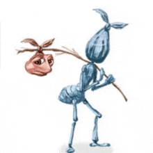 a cartoon drawing of an ant carrying a bag and a stick