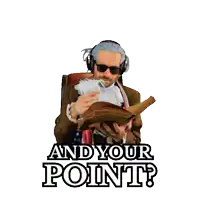 a man wearing headphones and an american flag holds a piece of paper and says and your point