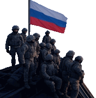 a group of soldiers are standing in front of a russian flag