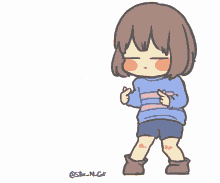 a drawing of a girl with a blue shirt and shorts with a red heart behind her