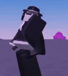 a man in a suit and hat is standing in the middle of a field .
