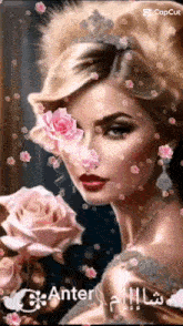 a painting of a woman with roses in her eyes